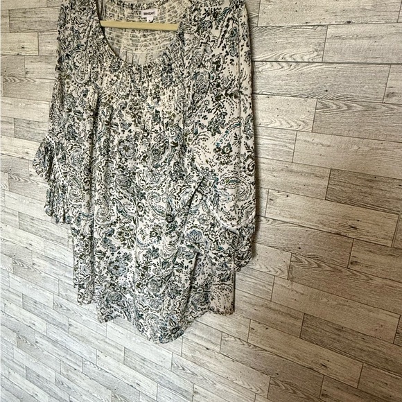 Westport Size-XL White/Blue Floral Top Flowy Bohemian Bell Sleeves Stretch Smock - Picture 9 of 13